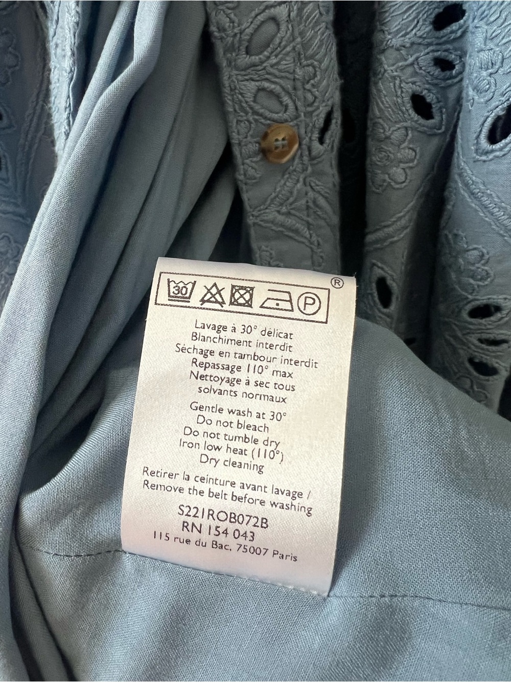 Sezane Bella Dress in Bleu Vintage, Eyelet Maxi w/ Tie Waist, size 36 - Picture 11 of 16